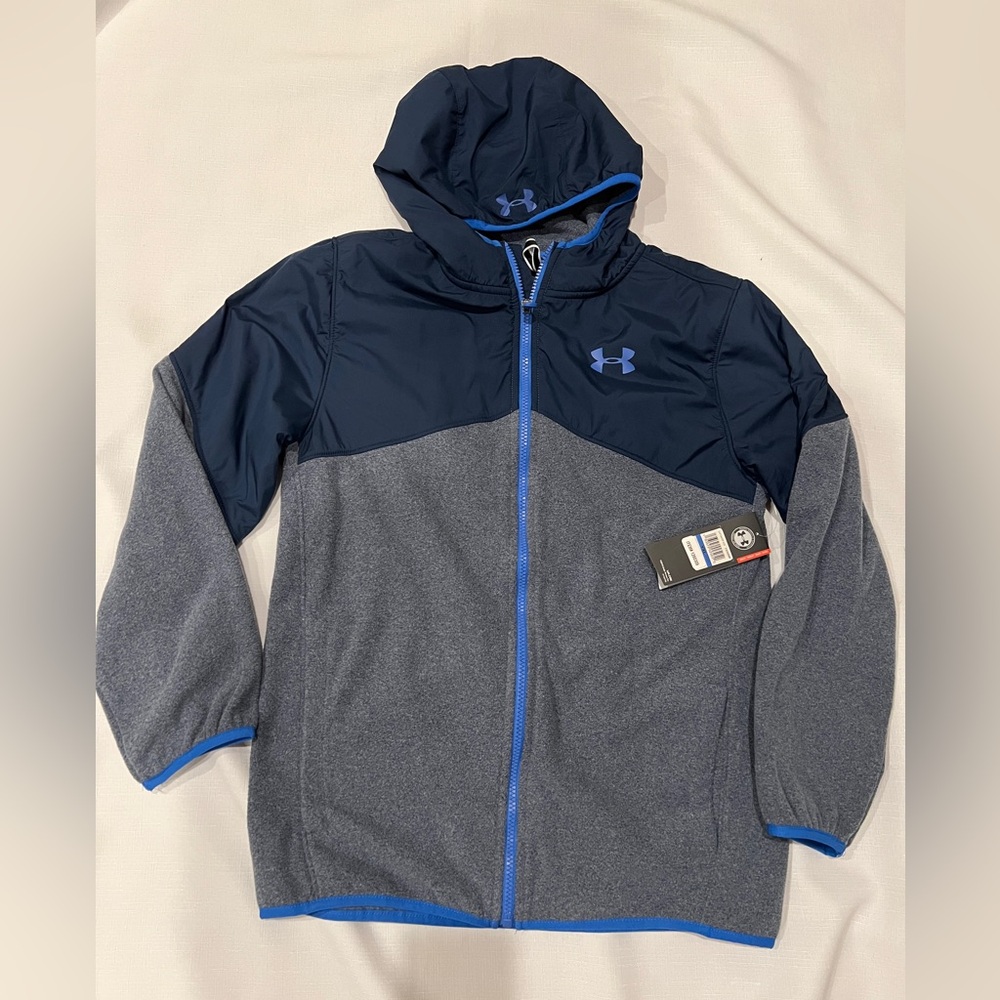 Under Armour Blue and Gray Fleece Jacket Kids Size XL Boys Full Zip Hood Hooded